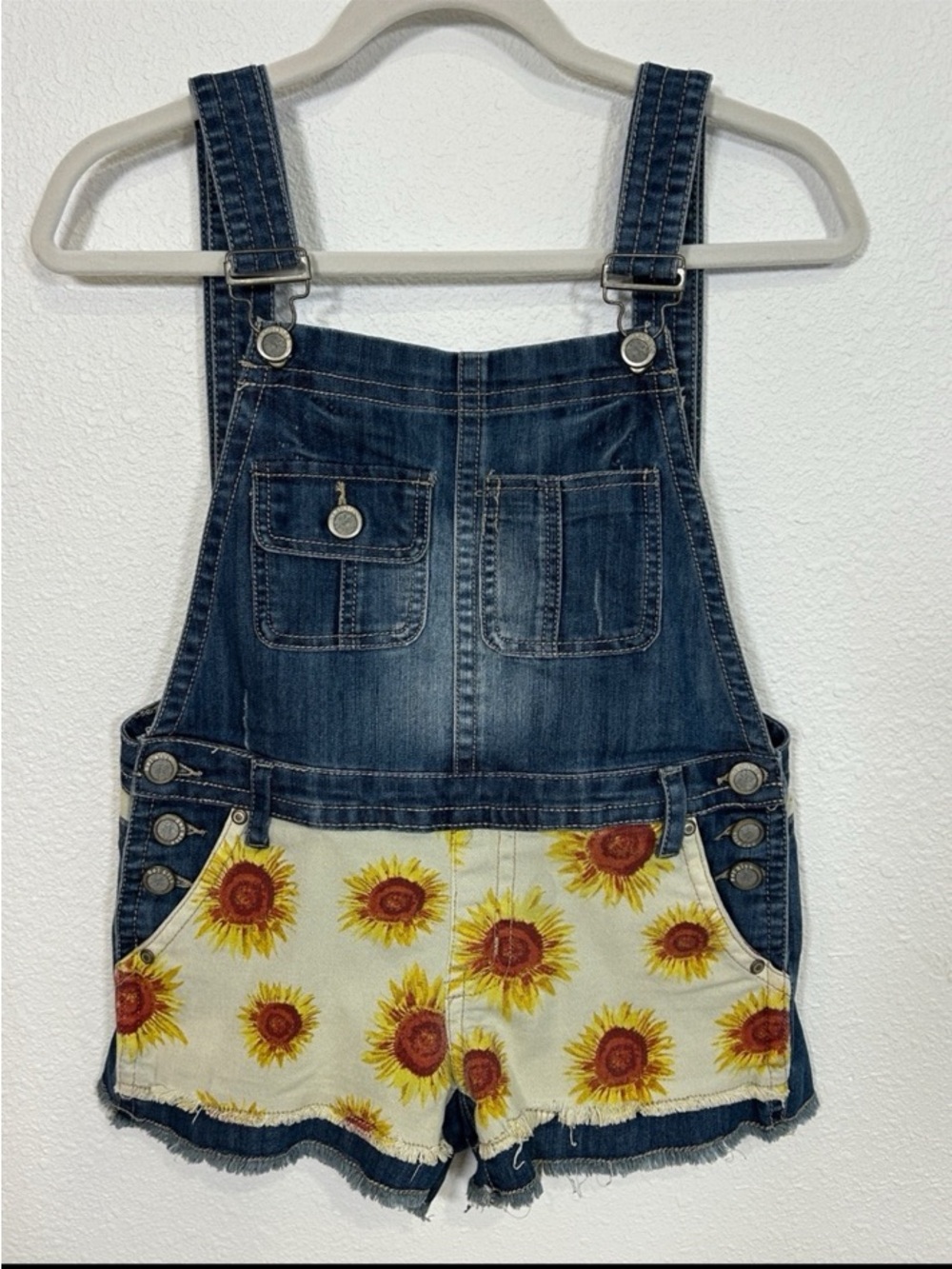 Vintage Y2K Sunflower Patchwork Overall Denim Shorts Cottagecore | Hot Kiss Sz 5